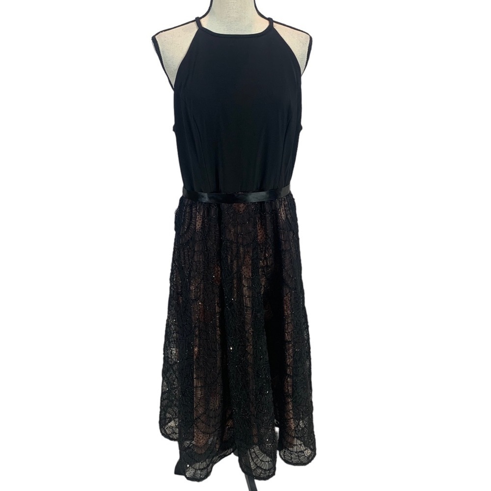 Alex & Eve Sleeveless Halter Lace A-Line  Midi Dress - Black - size 14